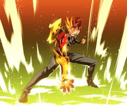 Rule 34 | 1boy, armor, black footwear, black jacket, clenched hand, cropped jacket, energy, gauntlets, highres, ishiyumi, jacket, kazuma (scryed), male focus, open mouth, orange armor, power fist, red hair, scryed, smile, solo, teeth, yellow eyes