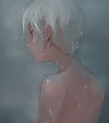 Rule 34 | 1girl, back, bare back, bare shoulders, black eyes, blurry, blurry background, commentary, depth of field, expressionless, from behind, grey hair, highres, idolmaster, idolmaster cinderella girls, shioda (shioda 5), shiomi syuko, short hair, showering, solo, upper body, water, water drop, wet