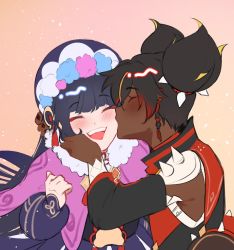 Rule 34 | 2girls, black hair, blush, bonnet, capelet, cathpalugs, commentary, dark-skinned female, dark skin, earrings, eyeshadow, genshin impact, gradient hair, hand on another&#039;s cheek, hand on another&#039;s face, hand on another&#039;s head, jewelry, kiss, kissing cheek, makeup, multicolored hair, multiple girls, open mouth, pink capelet, purple headwear, red eyeshadow, red hair, smile, spikes, symbol-only commentary, upper body, xinyan (genshin impact), yun jin (genshin impact), yuri