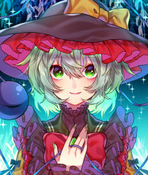 Rule 34 | 1girl, adapted costume, black bow, black hat, bow, commentary request, eyeball, frilled shirt collar, frilled sleeves, frills, green eyes, green hair, green nails, hand on own chest, hat, hat bow, highres, koishi day, komeiji koishi, lipstick, long sleeves, looking at viewer, makeup, nail polish, renka (sutegoma25), shirt, short hair, smile, solo, sparkle, string, third eye, touhou, turtleneck, upper body, wavy hair, wide sleeves, yellow bow, yellow shirt