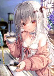 Rule 34 | 1girl, blurry, blurry background, closed mouth, coffee, collarbone, commentary request, cup, day, depth of field, dress, flat chest, flower, frilled dress, frills, fujima takuya, grey hair, hair between eyes, holding, holding cup, indoors, isekai ni tobasaretara papa ni nattandaga, jacket, long hair, long sleeves, off shoulder, open clothes, open jacket, orurea (isepapa), pink jacket, puffy long sleeves, puffy sleeves, purple flower, red eyes, sleeveless, sleeveless dress, sleeves past wrists, smile, solo, steam, sunlight, two side up, very long hair, white dress, window