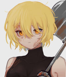 Rule 34 | 1girl, absurdres, bare shoulders, black shirt, blonde hair, breasts, covered collarbone, don quixote (project moon), empty eyes, hammer, highres, holding, holding hammer, limbus company, looking at viewer, mesoold, parted lips, project moon, shirt, sleeveless, sleeveless shirt, slit pupils, solo, yellow eyes