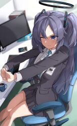 Rule 34 | 1girl, absurdres, black halo, black shirt, black skirt, blue archive, blue necktie, cellphone, chair, collared shirt, cup, disposable coffee cup, disposable cup, halo, highres, keyboard (computer), long hair, miniskirt, monitor, necktie, office chair, one eye closed, phone, purple eyes, purple hair, shirt, skirt, smartphone, smile, solo, stretching, swivel chair, two side up, white shirt, yuuka (blue archive), zakuro 3309