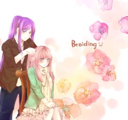 Rule 34 | 2girls, blue eyes, braiding hair, casual, chair, couple, dress, flower, hairdressing, jacket, kamui gakupo, megurine luka, multiple girls, pink hair, purple hair, rigu (what will be will be!), sitting, sleeves pushed up, vocaloid