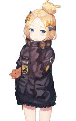 Rule 34 | 1girl, abigail williams (fate), abigail williams (traveling outfit) (fate), black bow, black jacket, blonde hair, blue eyes, blush, bow, closed mouth, crossed bandaids, fate/grand order, fate (series), hair bow, hair bun, hanavvi, hand on own chin, hand up, heroic spirit traveling outfit, high collar, highres, jacket, long hair, long sleeves, looking at viewer, hugging object, official alternate costume, orange bow, parted bangs, polka dot, polka dot bow, simple background, single hair bun, sleeves past fingers, sleeves past wrists, solo, stuffed animal, stuffed toy, teddy bear, white background