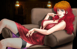 Rule 34 | 1girl, breasts, brown eyes, cleavage, covered erect nipples, dress, fishnet thighhighs, fishnets, gradient hair, large breasts, lipstick, long hair, lupin iii, makeup, mine fujiko, multicolored hair, no bra, orange hair, red dress, red hair, smile, solo, thighhighs, toten (der fuhrer)
