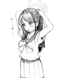 Rule 34 | 1girl, airi (blue archive), arms behind head, arms up, blue archive, blush, bow, closed mouth, hair tie, hair tie in mouth, halo, highres, long hair, looking at viewer, mouth hold, pleated skirt, ponytail, sailor collar, school uniform, serafuku, shirt, short sleeves, simple background, skirt, solo, sweat, translation request, tying hair, unadon (unadoom), very long hair, white background