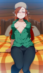 Rule 34 | 1girl, bed, blurry, blush, body freckles, breasts, breasts apart, closed mouth, denim, depth of field, earrings, facing viewer, feet out of frame, flannel, freckles, fur hat, gravity falls, green eyes, green shirt, half-closed eyes, hat, highres, indoors, jcm2, jeans, jewelry, knees together feet apart, long hair, looking at viewer, medium breasts, no bra, on bed, open clothes, open shirt, pants, red hair, shirt, short sleeves, sitting, smile, solo, sweat, ushanka, wendy corduroy