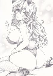 Rule 34 | 1girl, animal ears, ass, atago (kancolle), breasts, covered erect nipples, fake animal ears, fake tail, fishnet legwear, fishnets, graphite (medium), greyscale, high heels, kantai collection, leotard, long hair, looking at viewer, looking back, mikuro, monochrome, playboy bunny, rabbit ears, rabbit tail, sideboob, sitting, solo, tail, traditional media, wariza, wrist cuffs