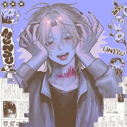 Rule 34 | 1boy, bandaid, black nails, black shirt, blonde hair, blue theme, blush, collarbone, cu4c2, ear piercing, fingernails, flower, hands on own head, head tilt, highres, jacket, looking at viewer, male focus, medium hair, nail polish, newspaper, object on tongue, open clothes, open jacket, open mouth, original, parted bangs, piercing, red eyes, sad, scar, scar on neck, sharp teeth, shirt, smile, solo, teardrop, teeth, text background, tongue, tongue out, track jacket, upper body, upper teeth only, white jacket