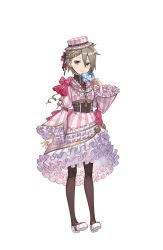 Rule 34 | 1girl, ange (princess principal), asymmetrical hair, black pantyhose, blue eyes, bow, braid, dress, full body, gift, grey hair, hat, hat belt, highres, looking at viewer, official art, pantyhose, pink bow, pink dress, pink hat, princess principal, princess principal game of mission, solo, standing, striped clothes, striped dress, striped headwear, transparent background, white footwear