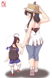 Rule 34 | 10s, 2017, 2girls, :3, ahoge, alternate costume, backpack, bag, bare arms, bare shoulders, black hair, blue eyes, blush, braid, breasts, commentary request, dated, full body, hair ornament, hair ribbon, holding hands, hat, highres, kanon (kurogane knights), kantai collection, large breasts, long hair, multiple girls, ribbon, shigure (kancolle), short hair, signature, smile, standing, yamashiro (kancolle), aged down
