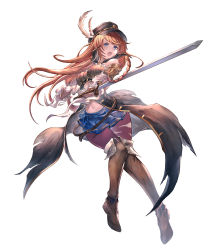 Rule 34 | 1girl, blue eyes, boots, braid, breasts, brown hair, full body, granblue fantasy, hat, hat feather, highres, lecia (granblue fantasy), midriff, open mouth, peaked cap, skirt, solo, standing, sword, thigh boots, thighhighs, weapon, white background, yu pian