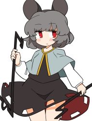 Rule 34 | 1girl, animal ears, black dress, blush, capelet, closed mouth, cowboy shot, dowsing rod, dress, closed eyes, grey capelet, grey hair, holding, ini (inunabe00), long sleeves, mouse ears, mouse tail, nazrin, red eyes, short hair, simple background, solo, tail, touhou, white background