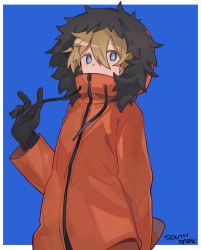 Rule 34 | absurdres, arm behind back, blue background, blue eyes, brown hair, coat, copyright name, gloves, highres, hood, hood up, kenny mccormick, looking at viewer, parka, short hair, simple background, solo, south park, toukashi (2tou9)