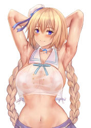 Rule 34 | 1girl, absurdres, armpits, arms behind head, arms up, bare shoulders, blonde hair, blue eyes, blue skirt, blush, braid, breasts, choker, closed mouth, collarbone, covered erect nipples, crop top, crop top overhang, fate/apocrypha, fate/grand order, fate (series), hat, highres, jeanne d&#039;arc (fate), jeanne d&#039;arc (mystery treasure) (fate), jeanne d&#039;arc (ruler) (fate), large breasts, long hair, looking at viewer, midriff, mystery treasure, navel, sailor collar, see-through, skirt, smile, twin braids, uchida shou, very long hair