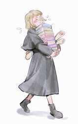 Rule 34 | 1girl, aged down, ankle boots, black capelet, black robe, blonde hair, blush, book, book stack, boots, capelet, closed eyes, dungeon meshi, facing ahead, falin touden, falin touden (tallman), flying sweatdrops, full body, highres, holding, holding book, long sleeves, munanrener, own hands together, robe, scroll, short hair, simple background, walking, white background