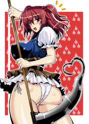 Rule 34 | 1girl, alternate weapon, ass, birthday, breasts, female focus, hair bobbles, hair ornament, heart, large breasts, no pants, onozuka komachi, panties, red eyes, red hair, scythe, short hair, side-tie panties, solo, touhou, twintails, two side up, underwear, weapon, yasakani an