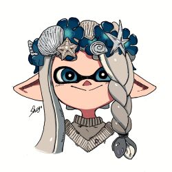 Rule 34 | 1girl, artist name, blue eyes, braid, commentary request, grey hair, head wreath, highres, inkling, inkling girl, inkling player character, long hair, looking at viewer, low-tied long hair, nintendo, pointy ears, portrait, shogo (shogo70449442), simple background, smile, solo, splatoon (series), splatoon 3, white background