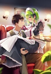Rule 34 | 1boy, 1girl, apron, armchair, black hair, blurry, blurry background, blurry foreground, breasts, brown footwear, carrying, chair, commentary request, eye contact, frills, fumishichi, green hair, green necktie, green vest, hetero, highres, holding, holding tray, indoors, loafers, long hair, looking at another, maid, maid apron, maid headdress, medium breasts, mouth hold, necktie, original, princess carry, red socks, shoes, sitting, socks, tray, vest, white apron, yellow eyes