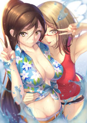 Rule 34 | 2girls, :p, absurdres, arm up, armpits, bare arms, bare shoulders, belt, blurry, blush, breasts, brown eyes, brown hair, cleavage, collarbone, couple, depth of field, female focus, floral print, genkung, glasses, groin, hair between eyes, hand on another&#039;s waist, hawaiian shirt, highres, hug, large breasts, leaning forward, light brown hair, looking at viewer, midriff, mole, mole under eye, multiple girls, navel, original, red-framed eyewear, red tank top, semi-rimless eyewear, shirt, short shorts, shorts, smile, stomach, summer clothes, tank top, tied shirt, tongue, tongue out, under-rim eyewear, upper body, v, water, wet, yuri