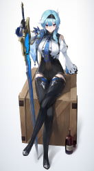 Rule 34 | 1girl, absurdres, black hairband, black thighhighs, blue hair, blue necktie, bottle, breasts, clothing cutout, crate, crossed legs, ebiri fy, eula (genshin impact), genshin impact, grey background, grey eyes, hairband, hand up, highres, holding, holding sword, holding weapon, juliet sleeves, long sleeves, looking at viewer, medium breasts, medium hair, necktie, puffy sleeves, shirt, shoulder cutout, simple background, sitting, smile, solo, sword, thighhighs, weapon, white shirt, wide sleeves