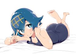 Rule 34 | 1girl, ass, barefoot, blue eyes, blue hair, blue one-piece swimsuit, blush, bright pupils, creatures (company), double v, game freak, lana (pokemon), looking at viewer, lying, nintendo, old school swimsuit, on stomach, one-piece swimsuit, pokemon, pokemon sm, school swimsuit, shiny skin, short hair, smile, soles, solo, swimsuit, swimsuit under clothes, tottotonero, trial captain, v
