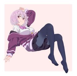 Rule 34 | 1girl, \||/, absurdres, arms up, black skirt, border, bow, bowtie, breasts, commentary, floating, from below, grey pantyhose, gridman universe, hair between eyes, hand up, highres, jacket, knees up, light purple hair, long sleeves, looking at viewer, masuo (masdlivelove), medium breasts, multicolored clothes, multicolored jacket, off shoulder, pantyhose, pink background, pleated skirt, purple bow, purple bowtie, purple hair, purple jacket, red eyes, shinjou akane, shirt, short hair, skirt, sleeves past wrists, smile, soles, solo, split mouth, ssss.gridman, two-tone background, white border, white shirt, zipper pull tab