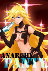 Rule 34 | 10s, 1girl, belt, belt pouch, black gloves, blonde hair, blue eyes, breasts, character name, cleavage, creator connection, detached collar, earrings, elbow gloves, eyeshadow, gloves, gun, hand on own hip, handgun, holster, jewelry, kidshiro, kill la kill, long hair, makeup, nudist beach uniform, panty &amp; stocking with garterbelt, panty (psg), pistol, shoulder holster, smile, solo, sparkle, utility belt, very long hair, watermark, weapon, web address