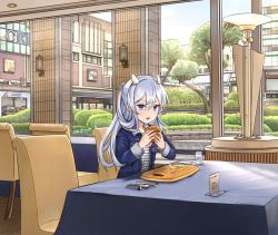 Rule 34 | 1girl, blouse, blue eyes, blue hair, blue jacket, burger, casual, chair, commentary request, cup, denim, denim jacket, food, fork, hitakikan, holding, holding food, indoors, jacket, kantai collection, knife, kure (city), light blue hair, long hair, looking at viewer, official alternate costume, open mouth, shirt, sitting, solo, spoon, striped clothes, striped shirt, tray