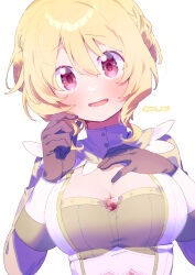 Rule 34 | 1girl, blonde hair, breasts, brown gloves, buttons, cleavage, cleavage cutout, clothing cutout, dot nose, furrowed brow, gem, gloves, hair between eyes, hand on own chest, hand up, high collar, highres, large breasts, light blush, long sleeves, looking at viewer, magia record: mahou shoujo madoka magica gaiden, mahou shoujo madoka magica, parted lips, paru rari, red eyes, red gemstone, short hair, short hair with long locks, sidelocks, simple background, smile, solo, soul gem, togame momoko, twirling hair, twitter username, underbust, upper body, very short hair, white background, wrist cuffs