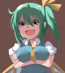 Rule 34 | 1girl, :d, breast lift, breasts, daiyousei, fairy wings, female focus, green eyes, green hair, kuromu (underporno), matching hair/eyes, open mouth, puffy sleeves, rape face, short hair, side ponytail, smile, solo, touhou, wings