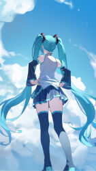 Rule 34 | 1girl, adjusting clothes, aqua hair, bare shoulders, black footwear, black skirt, black sleeves, blue sky, boots, chinese commentary, cloud, cloudy sky, commentary, detached sleeves, facing away, floating hair, from behind, full body, grey shirt, hair ornament, hatsune miku, highres, long hair, miniskirt, pleated skirt, shirt, skirt, sky, sleeveless, sleeveless shirt, solo, standing, thigh boots, twintails, very long hair, vocaloid, wide sleeves, wudongyouyi