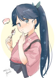 Rule 34 | 1girl, absurdres, black hair, dango, dated, food, fyuo, grey eyes, hand on own face, highres, houshou (kancolle), japanese clothes, kantai collection, kimono, long hair, looking at viewer, one-hour drawing challenge, pink kimono, ponytail, simple background, solo, spoken blush, tasuki, upper body, wagashi, white background