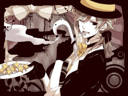 Rule 34 | 1boy, arms up, bad id, bad pixiv id, black eyes, blonde hair, bow, bowtie, brown hair, cane, cloud, colored skin, earrings, eating, flower, fork, formal, gamu, gloves, grin, hat, holding, holding fork, jewelry, kagamine len, lip piercing, male focus, one eye closed, piercing, plate, ponytail, ribbon, sleeves rolled up, smile, solo, star (symbol), top hat, vocaloid, white skin, wink, yumekui shirokuro baku (vocaloid)