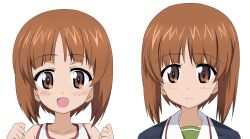 Rule 34 | 10s, 1girl, age comparison, aged down, ashiwara yuu, blue jacket, brown eyes, brown hair, closed mouth, girls und panzer, green shirt, highres, jacket, looking at viewer, military, military uniform, multiple views, nishizumi miho, open mouth, portrait, shirt, short hair, simple background, smile, tank top, uniform, white background, white shirt