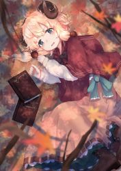 Rule 34 | 1girl, autumn, autumn leaves, belt, blonde hair, blurry, book, boots, capelet, depth of field, dress, hair ornament, highres, horns, inushida (dogsheepsheep), leaf, leather, leather boots, long skirt, long sleeves, low twintails, maple leaf, messy hair, original, sheep girl, sheep horns, short hair, skirt, solo, thick eyebrows, twintails