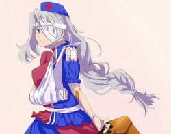 Rule 34 | 1girl, arm sling, bandages, bandage over one eye, braid, broken arm, cask, cast, gauze, hat, injury, irony, long hair, looking at viewer, medical, nurse cap, popo (popotop), pout, silver hair, solo, torn clothes, touhou, very long hair, yagokoro eirin