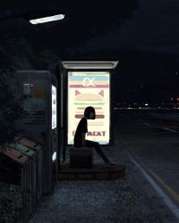 Rule 34 | 1girl, black dress, black eyes, black footwear, black hair, black pantyhose, blunt bangs, bus stop, city lights, commentary, dress, from side, full body, guweiz, highres, lamppost, looking at viewer, looking to the side, night, original, outdoors, pantyhose, road, short hair, short sleeves, sitting, solo, street, symbol-only commentary, tree, vending machine, wide shot