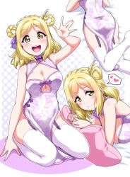 Rule 34 | 1girl, bare shoulders, blonde hair, blush, braid, breasts, china dress, chinese clothes, cleavage, cleavage cutout, clothing cutout, crown braid, dress, floral print, garter straps, hair ribbon, hair rings, halftone, heart, highres, kneeling, large breasts, looking at viewer, love live!, love live! sunshine!!, multiple views, nail polish, ohara mari, pillow, purple dress, ribbon, sitting, sleeveless, sleeveless dress, smile, speech bubble, thighhighs, twin braids, underboob, waving, white thighhighs, yellow eyes, yopparai oni