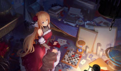 Rule 34 | 1girl, blonde hair, blue eyes, board game, book stack, breasts, cake hair ornament, candle, card, cha (pixiv12794171), chess, chess piece, dress, food-themed hair ornament, globe, hair ornament, hourglass, indoors, large breasts, looking away, original, plate, playing card, red dress