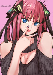 Rule 34 | 1girl, aosora2823, black sweater, blue eyes, blush, breasts, cleavage, cleavage cutout, clothing cutout, fingernails, go-toubun no hanayome, highres, medium breasts, nail polish, nakano nino, pink background, pink hair, shoulder cutout, simple background, smile, solo, sweater, tongue, tongue out, twitter username, two side up, upper body, v, v over mouth