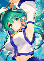 Rule 34 | 1girl, ahoge, ainy, aqua hair, armpits, arms up, artist name, bare shoulders, blue eyes, blue skirt, blue sky, breasts, commentary request, detached sleeves, frog hair ornament, grin, hair between eyes, hair ornament, hair tubes, head tilt, highres, holding, jewelry, kochiya sanae, large breasts, light particles, long hair, long sleeves, looking at viewer, midriff, multicolored eyes, navel, necklace, orange eyes, outdoors, parted lips, shirt, sidelocks, skirt, sky, smile, snake hair ornament, solo, stomach, touhou, twitter username, upper body, white shirt