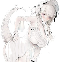 Rule 34 | 1girl, apron, warrior of light (ff14), black ribbon, blush, bonnet, braid, breasts, closed mouth, final fantasy, final fantasy xiv, hair ribbon, hand on own hip, highres, kaede (sayappa), large breasts, leaning forward, long hair, looking at viewer, off shoulder, purple eyes, ribbon, sagging breasts, scales, simple background, solo, tail, twin braids, white apron, white background, white hair, white headwear