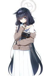 Rule 34 | 1girl, absurdres, animal ears, black hair, blue archive, blue eyes, blue hairband, book, brown cardigan, cardigan, commentary request, hair between eyes, hairband, halo, hand up, highres, long hair, long sleeves, looking at viewer, hugging object, off shoulder, pleated skirt, sailor collar, school uniform, serafuku, shirt, simple background, skirt, sleeves past wrists, solo, sugar (dndi888), ui (blue archive), very long hair, white background, white sailor collar, white serafuku, white shirt, white skirt