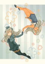 Rule 34 | 2girls, absurdres, blonde hair, blue background, blue eyes, bracelet, closed mouth, crop top, cropped jacket, dual persona, flower, garrison cap, gloves, hair between eyes, hair flower, hair ornament, hat, headgear, highres, jewelry, kantai collection, long hair, long sleeves, military, military uniform, multiple girls, one-piece swimsuit, one-piece tan, open mouth, pot-de, puffy long sleeves, puffy sleeves, ro-500 (kancolle), sailor collar, sandals, school swimsuit, school uniform, serafuku, striped, striped background, swimsuit, swimsuit under clothes, tan, tanline, u-511 (kancolle), uniform, white background
