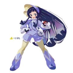 Rule 34 | !, 1girl, :d, aged up, black eyes, black gloves, black hair, blunt bangs, blush, boots, bright pupils, creatures (company), eyelashes, game freak, gloves, hand on own hip, holding, holding poke ball, legs apart, long hair, long sleeves, looking at viewer, nintendo, open mouth, overalls, pantyhose, poke ball, poke ball (basic), pokemon, pokemon sv, poppy (pokemon), shimogamo koushi, sidelocks, simple background, smile, solo, standing, teeth, white background, yellow pantyhose