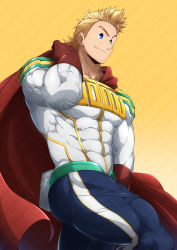 Rule 34 | 1boy, absurdres, bara, blonde hair, blue eyes, blue pants, boku no hero academia, cape, closed mouth, commission, covered abs, covered navel, gloves, highres, kuroshinki, large pectorals, looking at viewer, male focus, muscular, muscular male, pants, pectorals, red cape, red gloves, shirt, short hair, smile, solo, taut clothes, taut pants, taut shirt, thick thighs, thighs, togata mirio, white shirt, yellow background