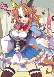 Rule 34 | 1girl, alternate costume, animal ears, blue cape, blue skirt, breasts, brown hair, cape, cleavage, clenched hand, commentary request, copano rickey (umamusume), corset, cowboy shot, double bun, ear covers, ear ornament, fire, frilled skirt, frills, garter straps, grass, hair between eyes, hair bun, hand on own hip, highres, horse ears, horse girl, horse tail, long hair, long sleeves, looking at viewer, medium breasts, multicolored hair, open mouth, outdoors, pink eyes, pink fire, puffy sleeves, shirt, skirt, smile, solo, standing, streaked hair, tail, thighhighs, umamusume, wahiko (black bastard), white hair, white thighhighs