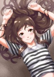 Rule 34 | 10s, 1girl, absurdres, arms up, blush, brown eyes, brown hair, highres, idolmaster, idolmaster million live!, kitazawa shiho, long hair, looking at viewer, melt (pixiv6025464), shirt, smile, solo, striped clothes, striped shirt, upper body